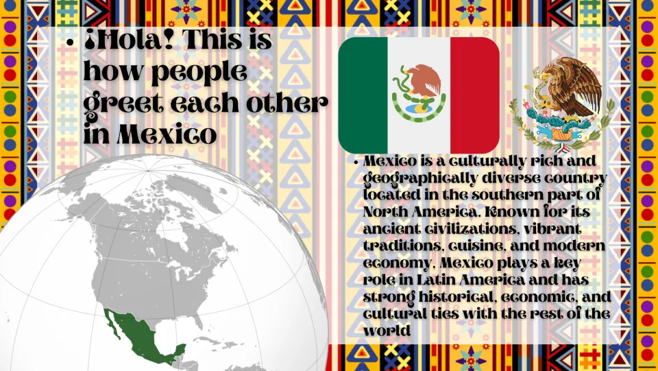Introduction slide presents Hola (hello), Mexico’s flag, and a globe highlighting its North American location