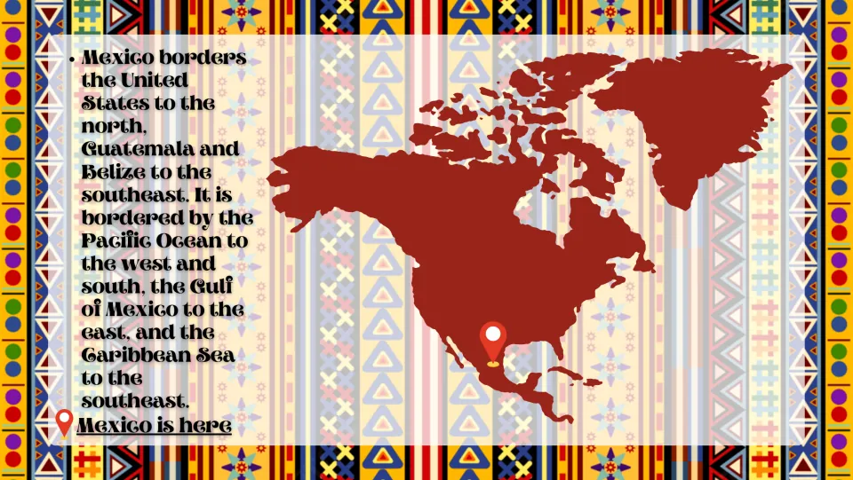 Location slide identifies Mexico’s neighbors and surrounding waters, with Mexico marked on a North America map