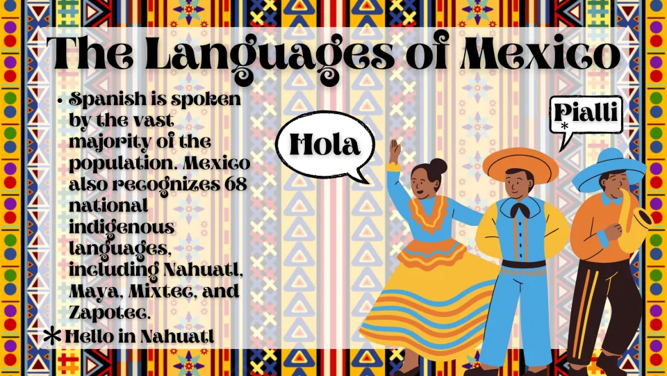 Languages slide introduces Spanish and 68 Indigenous languages, with Hola and Pialli both meaning hello