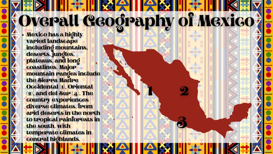 Geography slide describes Mexico’s landscapes and climates, with three Sierra Madre ranges keyed to a map