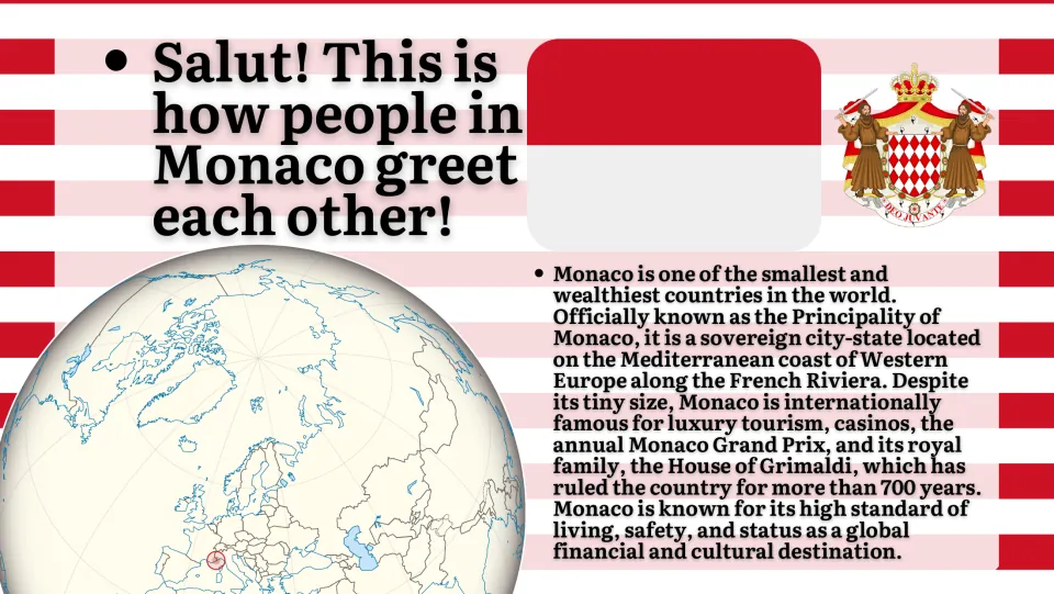 Introduction slide presenting Salut (hello), Monaco's flag, and facts about the city-state and Grimaldi family