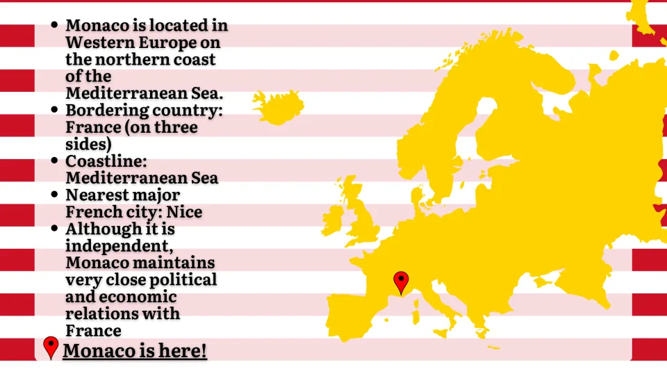 Location slide marking Monaco on a Europe map and identifying France, the Mediterranean Sea, and nearby Nice
