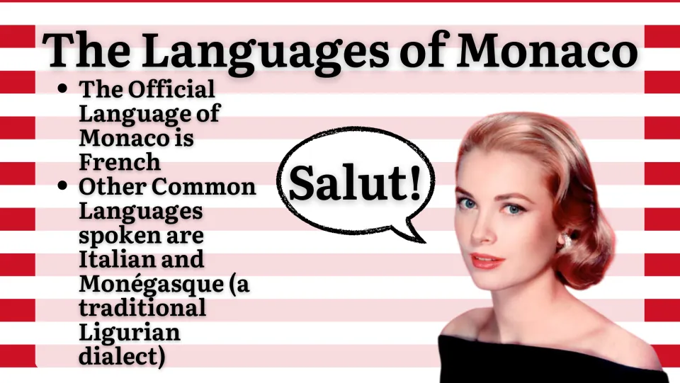 Language slide identifying French as Monaco's official language and listing Italian and Monégasque