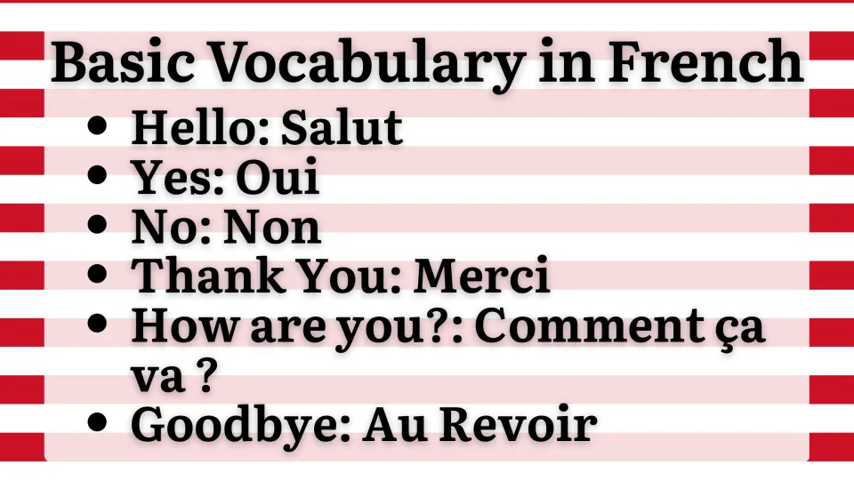 French vocabulary slide: Salut (hello), Oui (yes), Non (no), Merci (thank you), and two more expressions