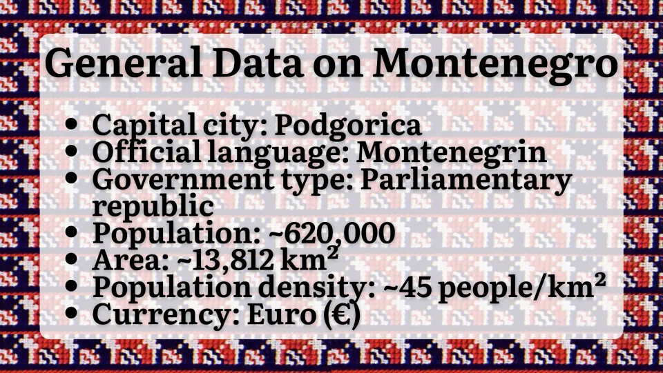 General Data on Montenegro: capital Podgorica, parliamentary republic, population ~620,000, area ~13,812 km² and euro
