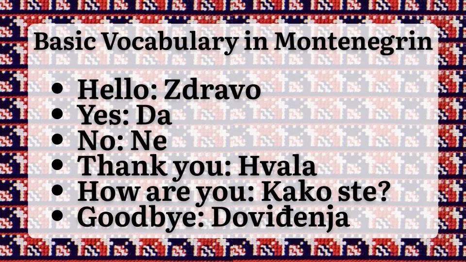 Basic Vocabulary in Montenegrin: hello Zdravo, yes Da, no Ne, thank you Hvala, how are you Kako ste, goodbye Doviđenja
