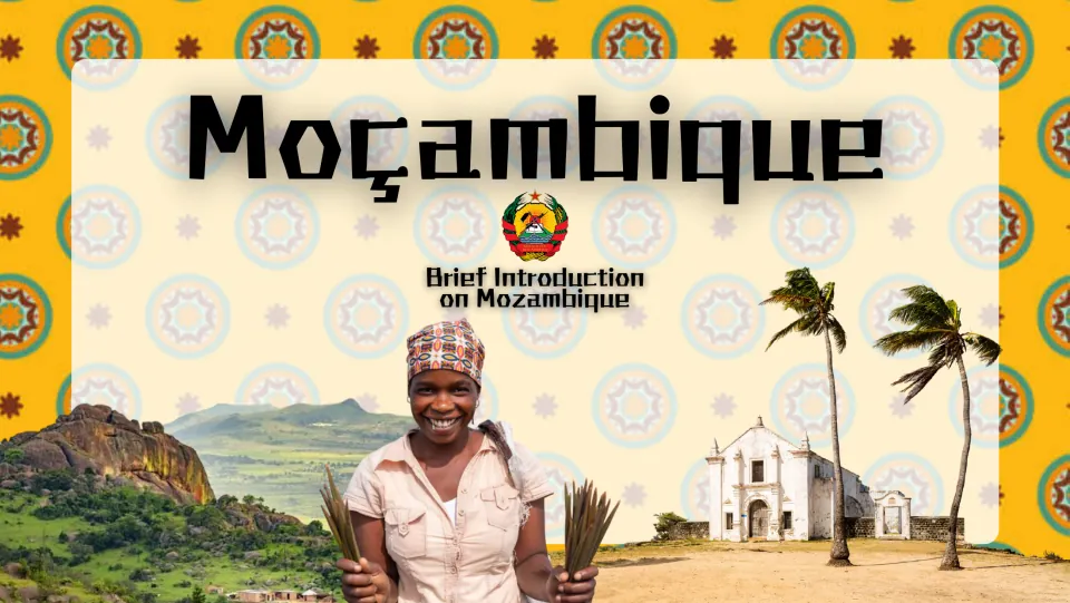 Moçambique: Brief Introduction on Mozambique title slide with coat of arms, a smiling woman, palm trees and a white church