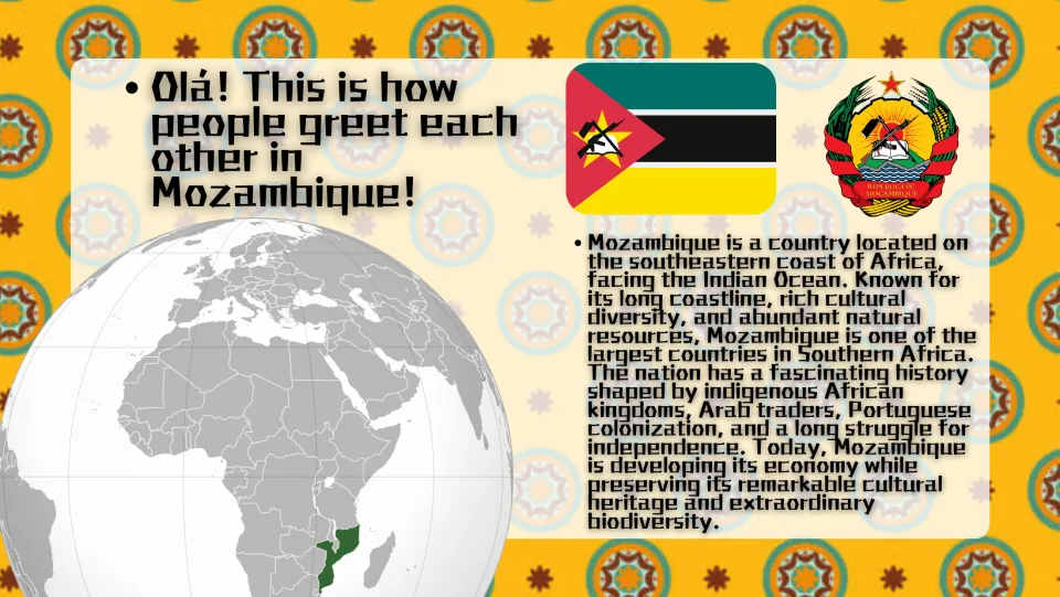 Mozambique overview: flag, coat of arms and globe locating it on Africa's southeast coast, with a paragraph on its history