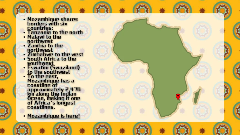 Map of Africa with a pin on Mozambique, listing its six bordering countries and its 2,470 km Indian Ocean coastline