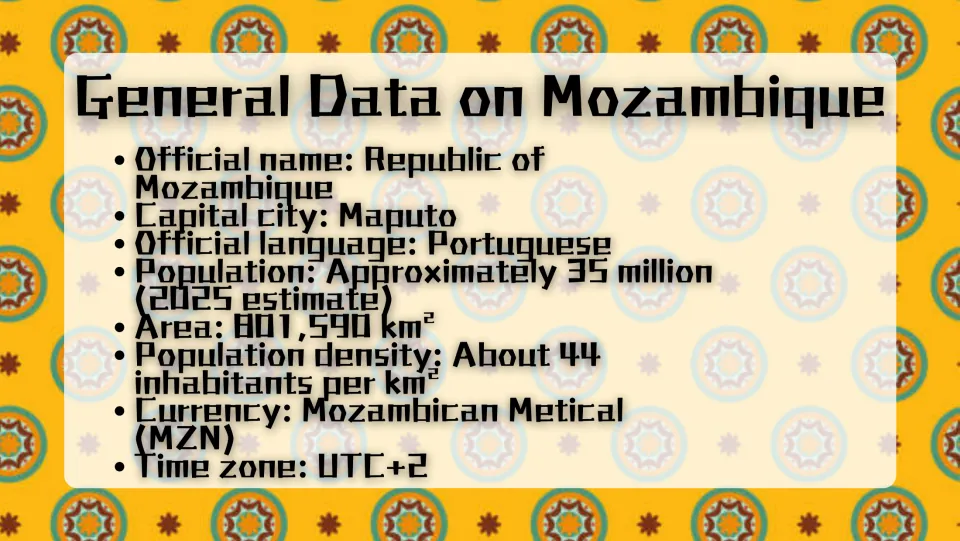 General Data on Mozambique: official name, capital Maputo, Portuguese language, population, area, currency and time zone