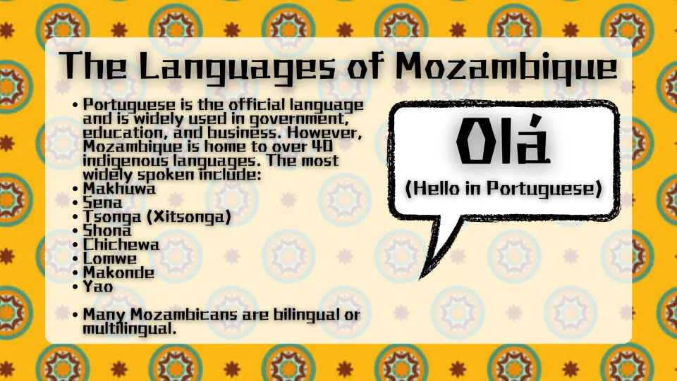 The Languages of Mozambique: Portuguese as official language plus widely spoken indigenous ones such as Makhuwa and Sena