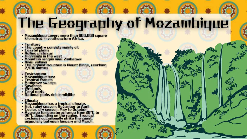 The Geography of Mozambique: territory, landforms, Mount Binga, environments and tropical climate seasons beside a waterfall