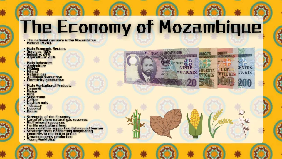 The Economy of Mozambique: Metical banknotes, sector shares, industries, crops such as cassava and cashews, and strengths