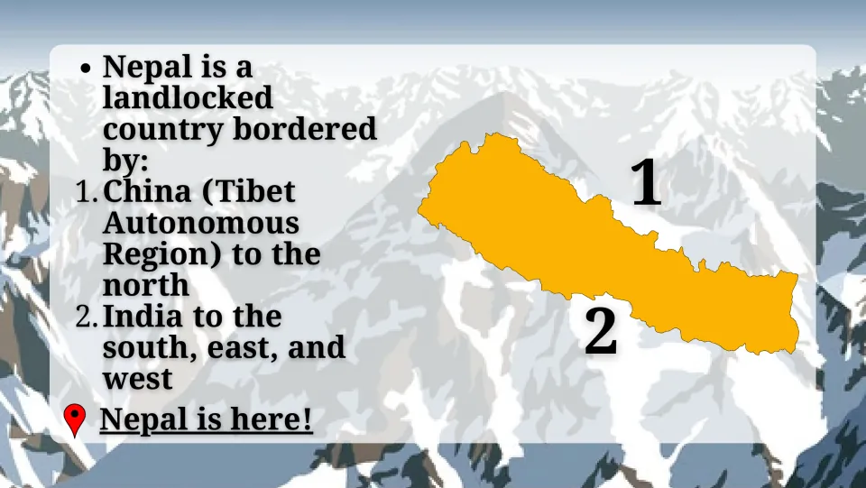 Nepal's borders: numbered map shows landlocked Nepal bordered by China (Tibet) to the north and India on three sides