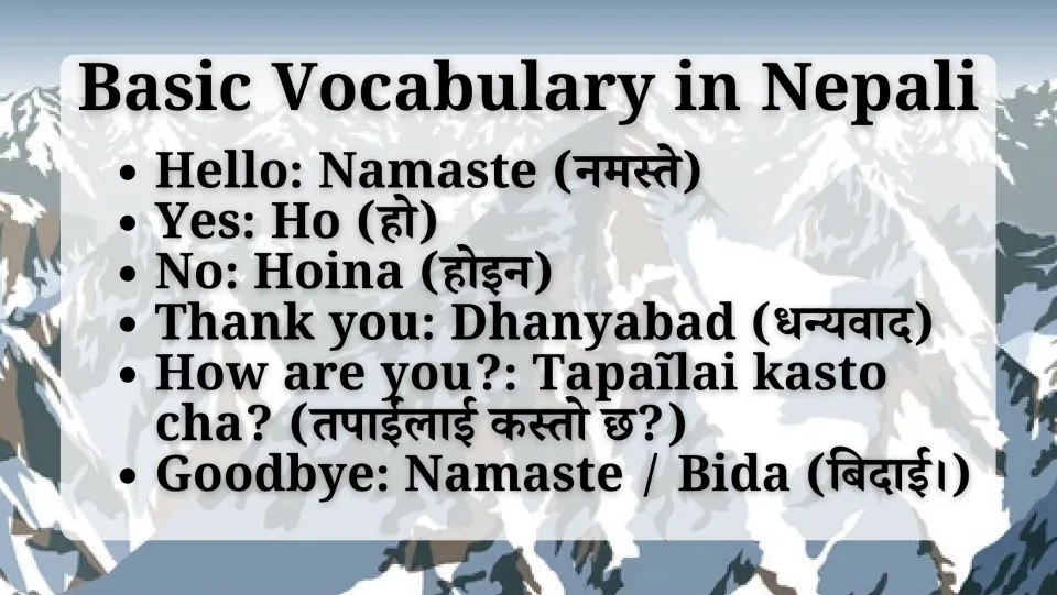Basic Vocabulary in Nepali: hello, yes, no, thank you, how are you and goodbye, each in romanized Nepali and Devanagari