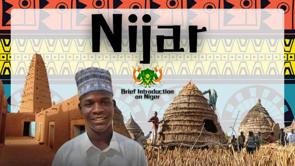Niger presentation cover introducing the country with its coat of arms, buildings, and a man's portrait