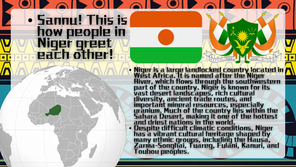 Niger overview slide pairs Sannu (hello) with a location globe, national flag, and facts about its people