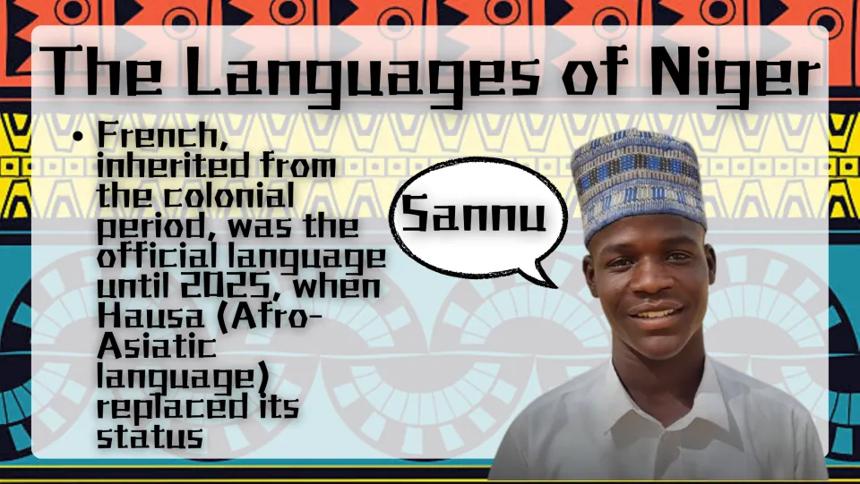 Language slide describes Hausa replacing French's official status in 2025 and shows Sannu (hello)