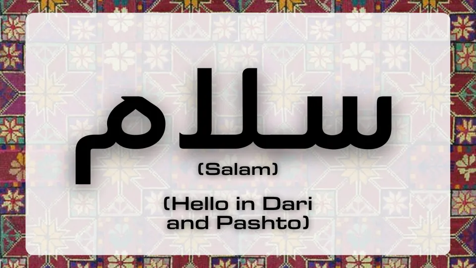 Greeting slide introducing سلام, transliterated as 'Salam,' meaning hello in both Dari and Pashto