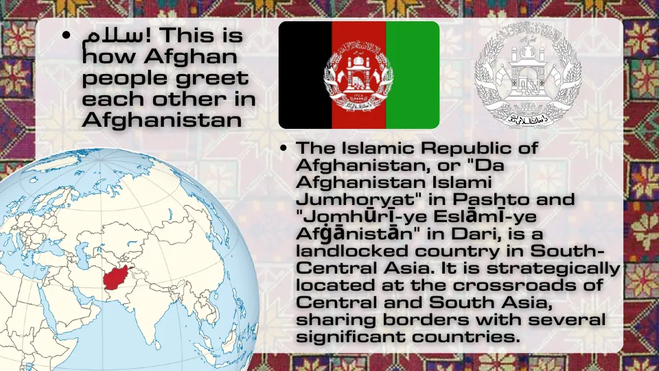 Country introduction slide locating Afghanistan on a globe and describing its position in South-Central Asia