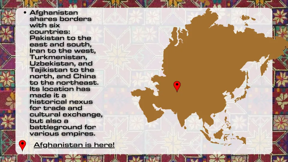 Geography slide naming Afghanistan's six neighbors and marking its location on a map of Asia