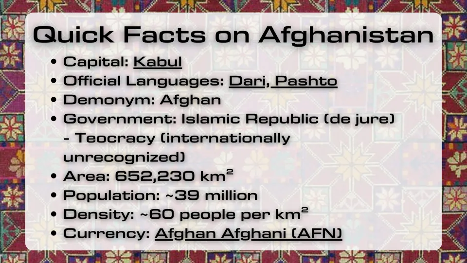 Quick facts slide listing Kabul, Dari and Pashto, Afghan currency, government, area, and population