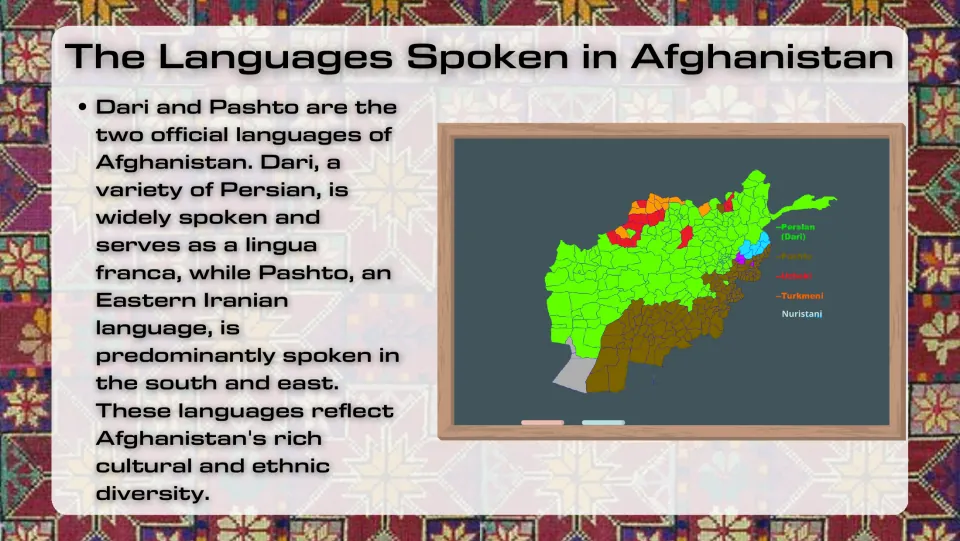 Language overview slide explaining Dari and Pashto and showing a map of languages spoken in Afghanistan