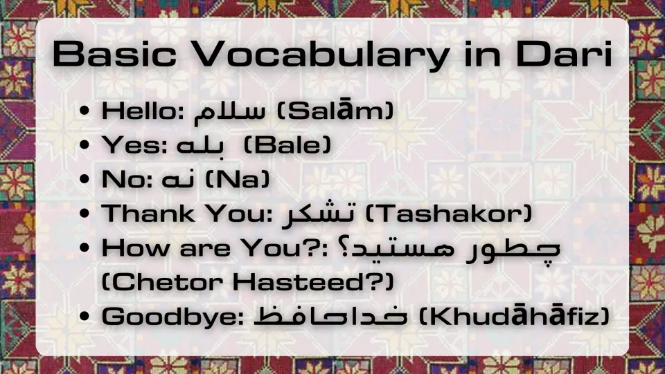 Dari vocabulary slide pairing hello, yes, no, thank you, how are you, and goodbye with script and transliterations