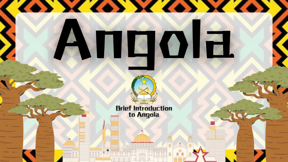 Angola title slide reading Brief Introduction to Angola, with the national emblem, baobab trees and a city skyline