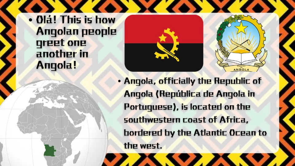 Angola overview: flag, coat of arms and a globe locating the Republic of Angola on Africa's southwestern Atlantic coast