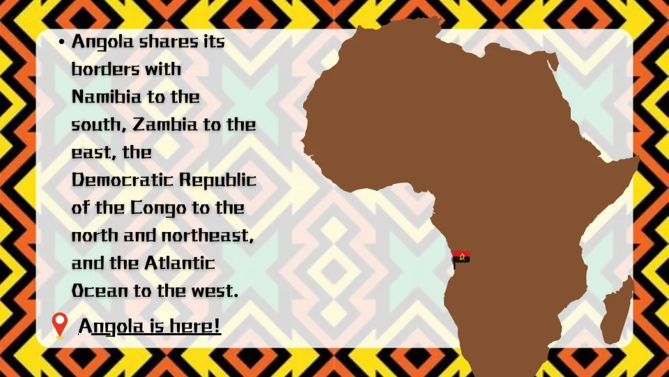 Angola's borders on an Africa map: Namibia to the south, Zambia east, DR Congo north and northeast, Atlantic Ocean west