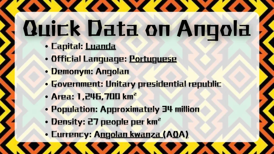 Quick Data on Angola: capital Luanda, Portuguese language, presidential republic, about 34 million people and the kwanza