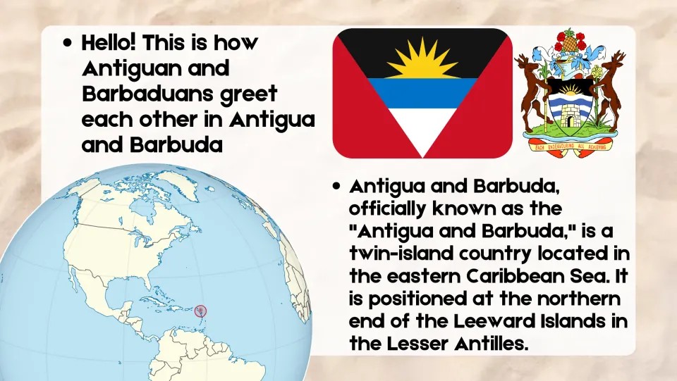 Introduction slide explaining 'Hello' and locating Antigua and Barbuda in the eastern Caribbean Sea