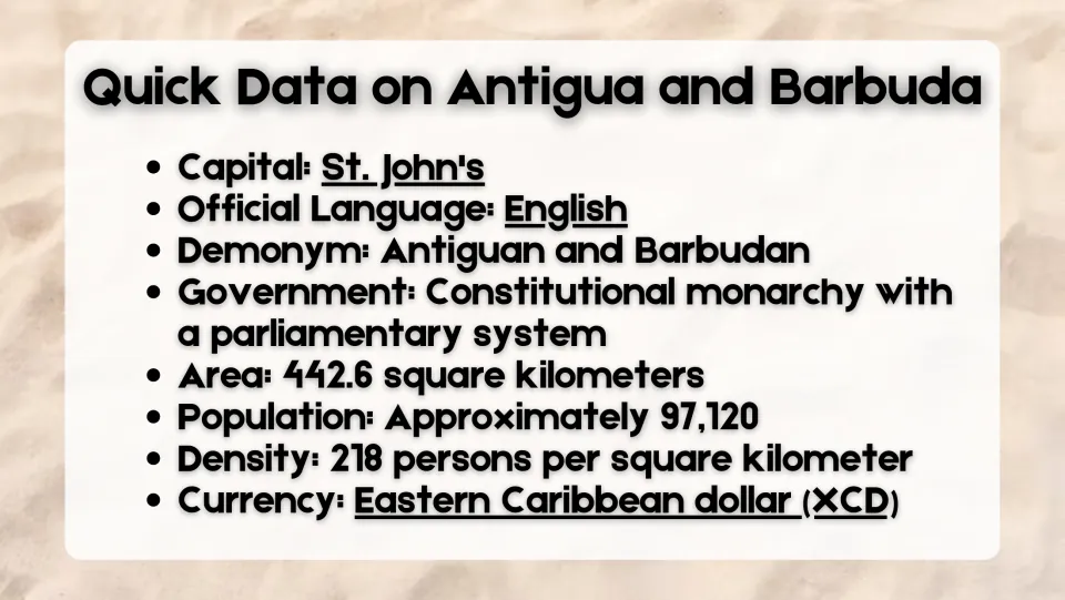 Quick data slide listing St. John's, English, government, area, population, density, demonym, and currency