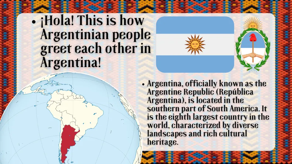 Introduction slide locating Argentina in southern South America, with its flag, emblem, and globe map