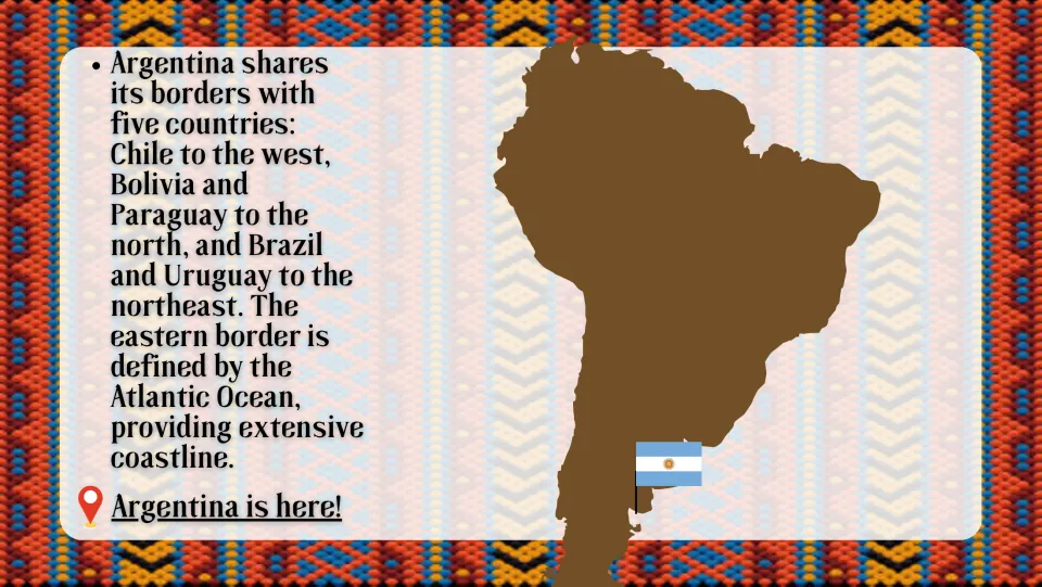 Location slide naming Argentina's five neighboring countries and Atlantic coastline, with a South America map