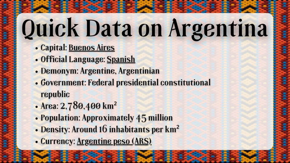 Quick facts slide listing Argentina's capital, language, demonym, government, area, population, density, and currency