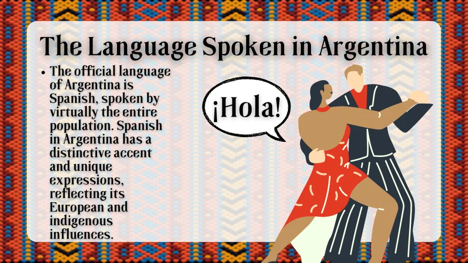 Language slide explaining Spanish in Argentina, its distinctive accent, and European and Indigenous influences