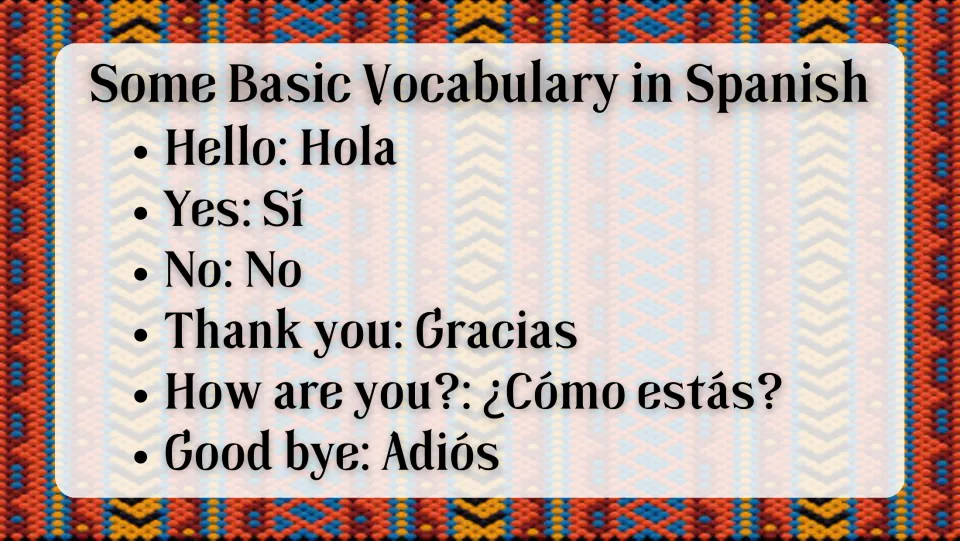 Spanish vocabulary slide: Hola (Hello), Sí (Yes), No (No), Gracias (Thank you), and two more expressions