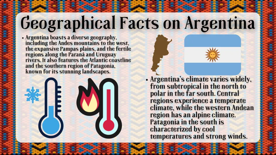Geography slide covering Argentina's Andes, Pampas, rivers, Atlantic coast, Patagonia, and regional climates