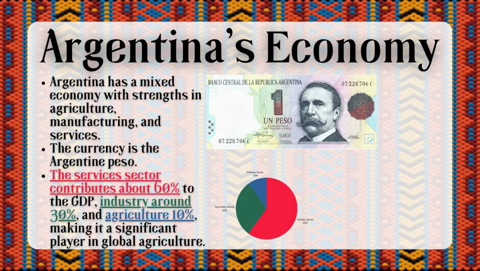 Economy slide presenting Argentina's peso and GDP shares: services 60%, industry 30%, and agriculture 10%