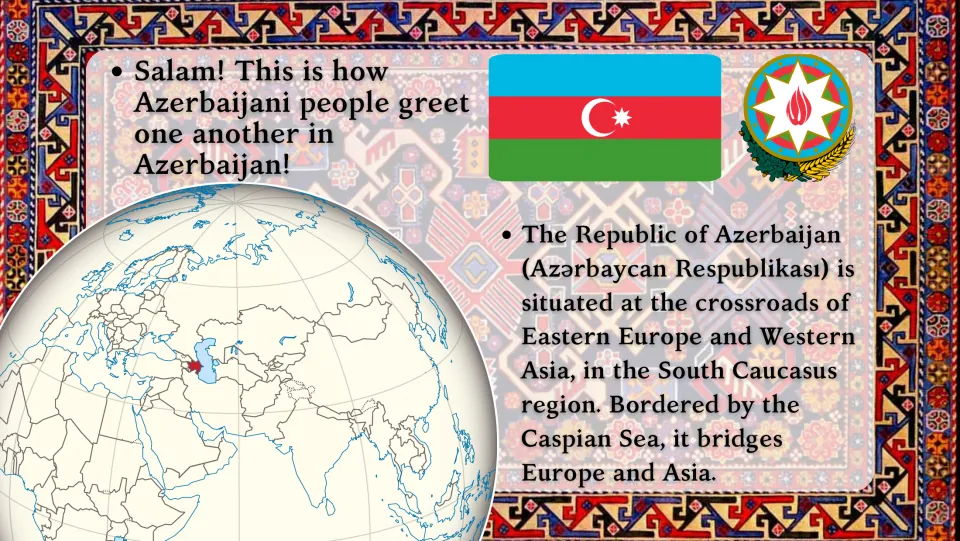 Introduction slide featuring Salam (hello), Azerbaijan’s flag, and its location between Europe and Asia