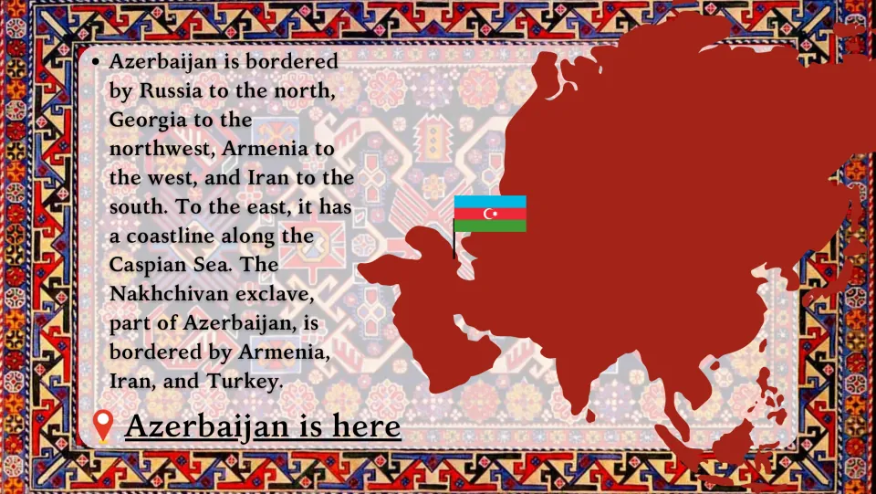 Location slide identifying Azerbaijan’s neighbors, Caspian Sea coastline, and the Nakhchivan exclave