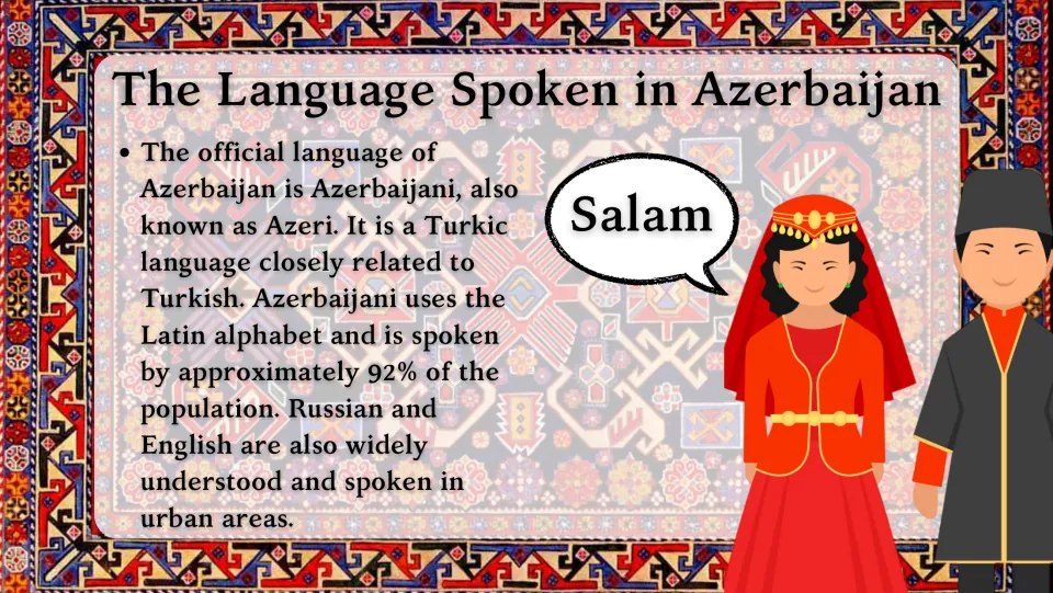 Language overview slide explaining Azerbaijani’s Turkic roots, Latin alphabet, and use in Azerbaijan