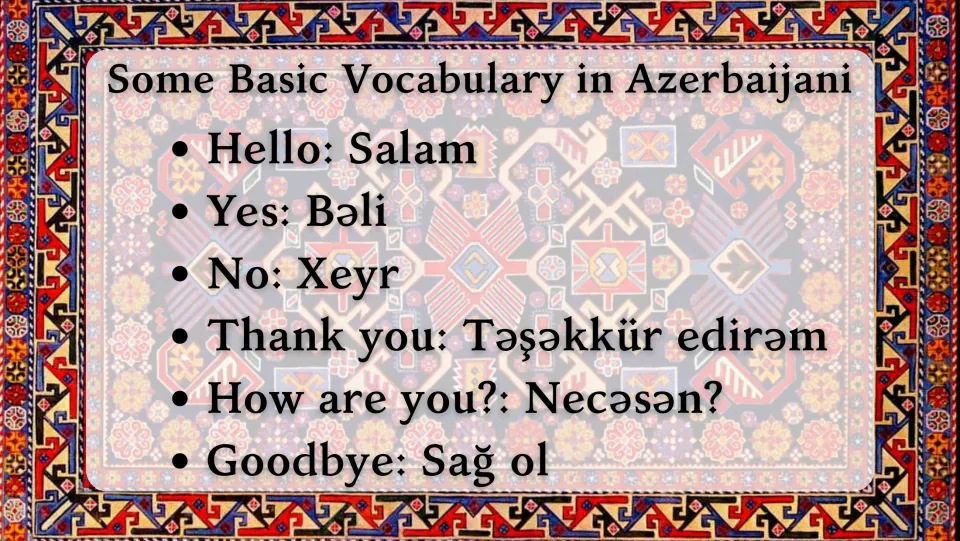 Azerbaijani vocabulary slide: Salam (hello), Bəli (yes), Xeyr (no), and three more everyday expressions