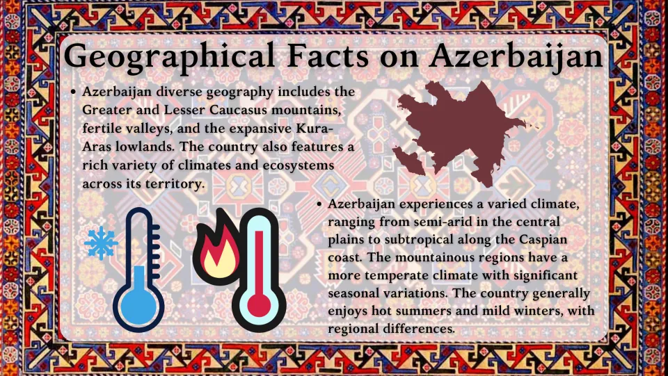 Geography slide covering Azerbaijan’s Caucasus mountains, Kura-Aras lowlands, and regional climate differences