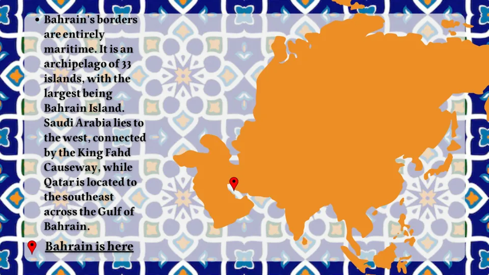 Map of Asia pinpointing Bahrain, with notes on its 33 islands, maritime borders and the King Fahd Causeway to Saudi Arabia