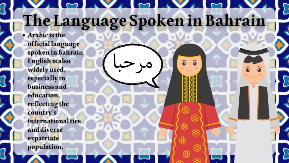 The Language Spoken in Bahrain: Arabic as official language, English in business, two figures in traditional dress greet