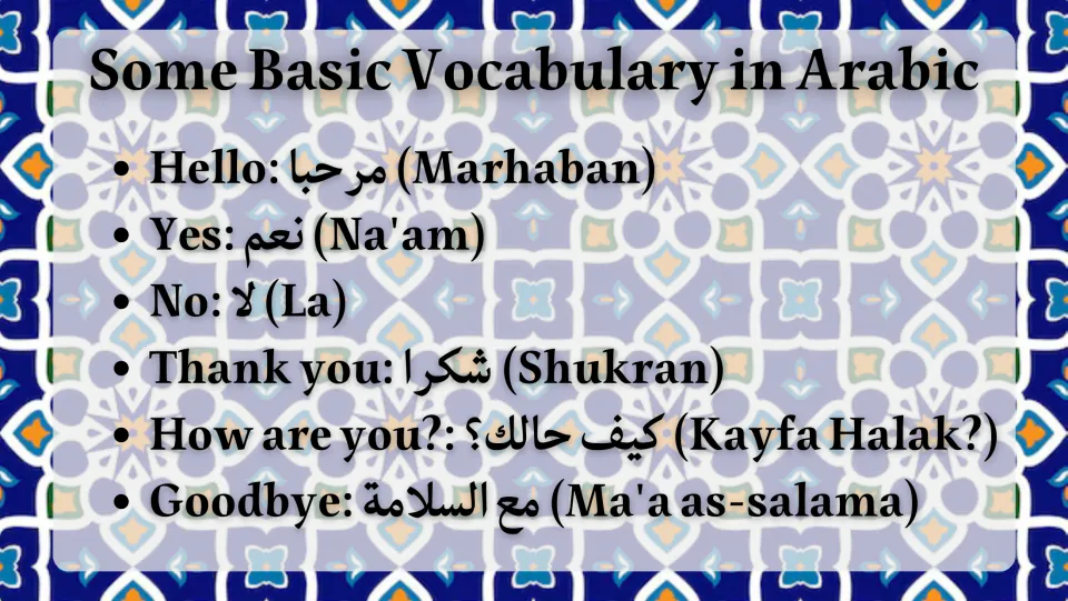Basic Arabic vocabulary: hello, yes, no, thank you, how are you and goodbye in Arabic script with transliterations
