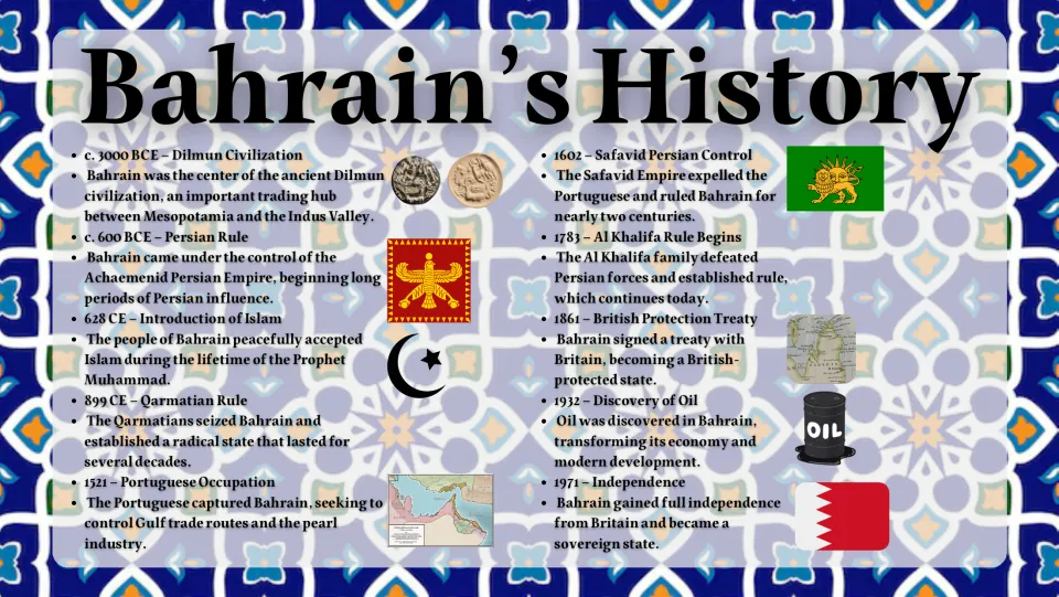 Bahrain's History timeline from the Dilmun civilization c. 3000 BCE through oil discovery in 1932 to independence in 1971